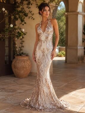 NWT Alamour The Label Ariya Rose Gold Sequin Gown XS US 2 prom wedding